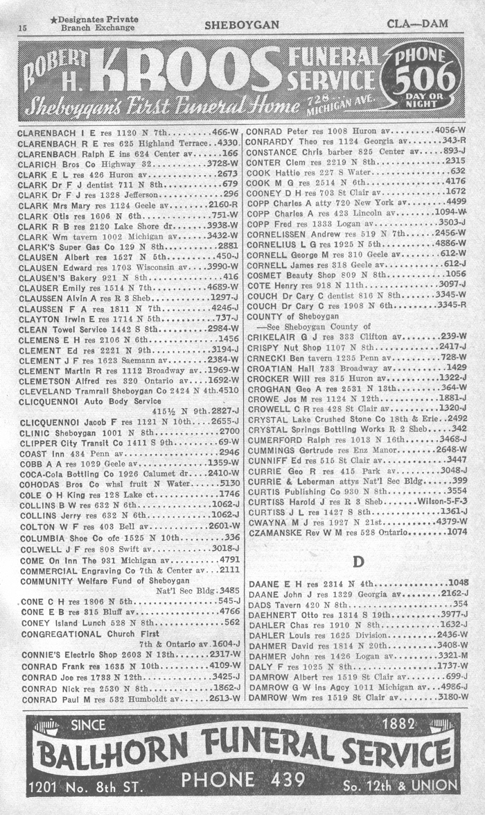 1940 Sheboygan Telephone Book, Page 15